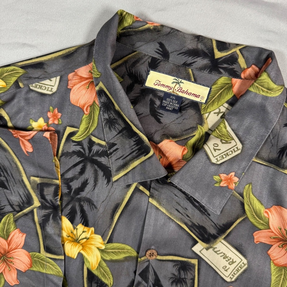 Tommy Bahama Mens XXL Silk Shirt Ticket To Relax Tropical Floral AOP Gray Resort